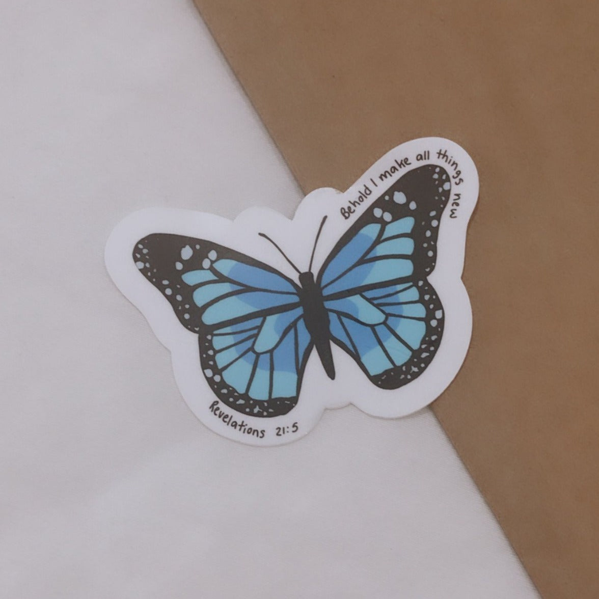 Blue Butterfly Revelations 21:5 Vinyl Sticker