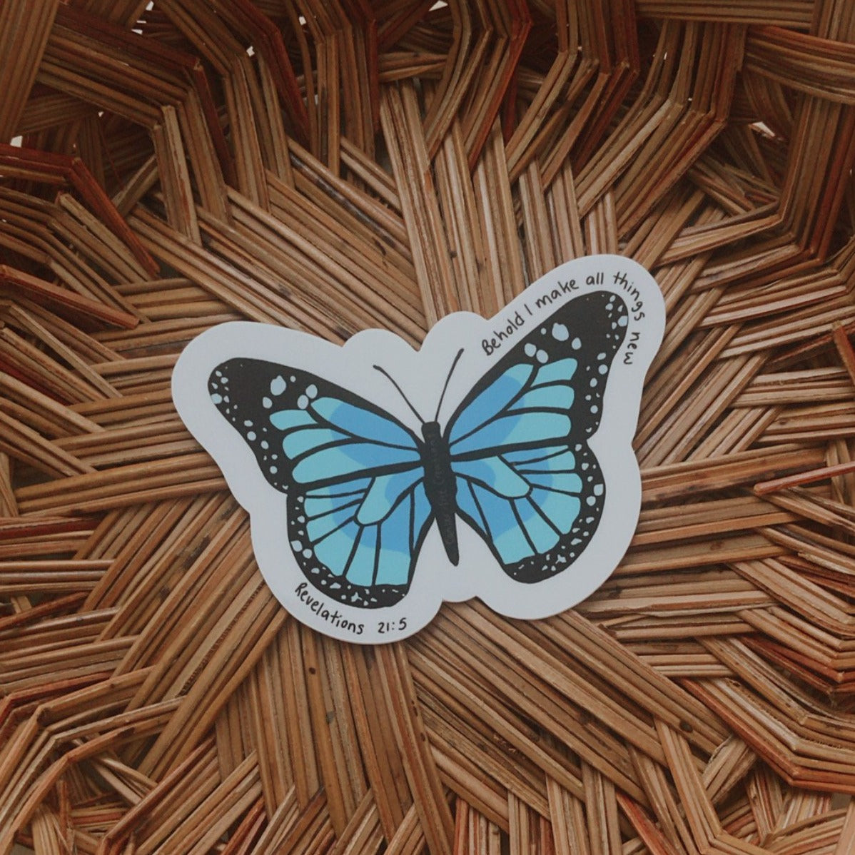 Blue Butterfly Revelations 21:5 Vinyl Sticker