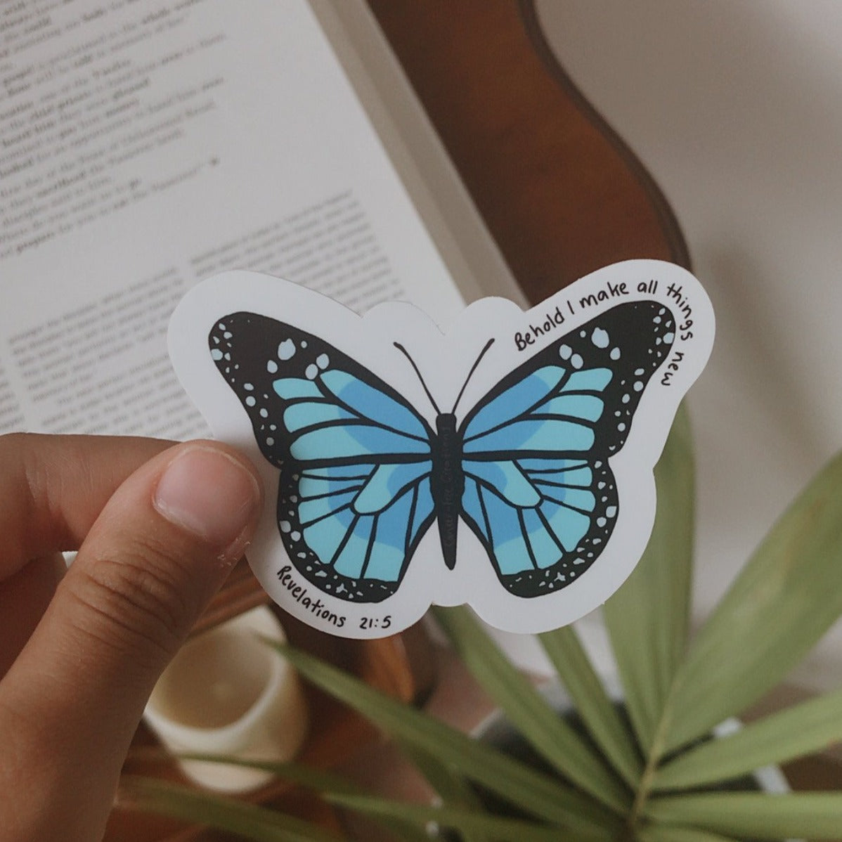 Blue Butterfly Revelations 21:5 Vinyl Sticker